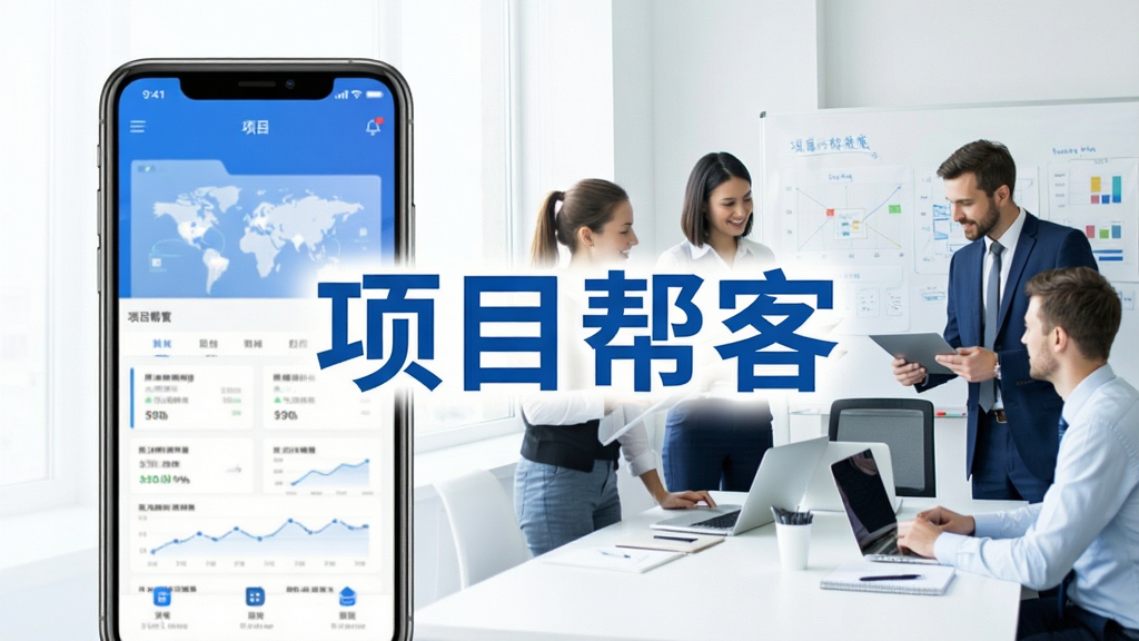 一张展示项目帮客软件核心功能的宽幅预览图,画面左侧为手机界面,右侧为简洁商务风格的人群合作场景,主色调为蓝色与白色,文字“项目帮客”居中,整体风格专业、清晰、明亮,画质干净无多余元素。