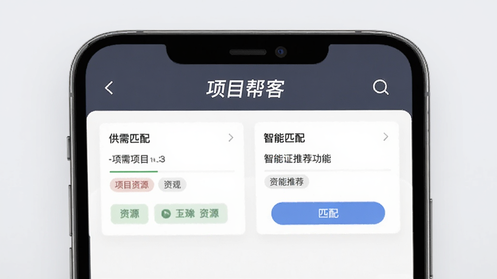 项目帮客软件界面截图风格图片,展示供需匹配列表与智能推荐功能,主体为手机屏幕,界面包含项目卡片、资源标签与匹配按钮,背景为浅灰色,整体布局简洁,文字“项目帮客”置于顶部,画质清晰干净。