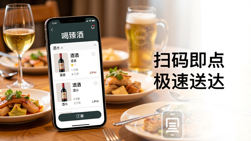 主体:手机屏幕上显示“喝臻酒”APP界面,背景是温馨的餐厅餐桌,摆放着精致菜肴和冰镇啤酒;布局:手机位于画面中央偏左,右侧留白处配有“扫码即点 极速送达”字样;排版:简洁明了,突出APP名称和核心功能;风格:写实摄影风格,光线明亮,色彩温暖,营造愉悦的用餐氛围;细节:屏幕内清晰显示酒水列表和下单按钮,餐桌上有酒杯和食物;画质:高清,干净,无多余元素。