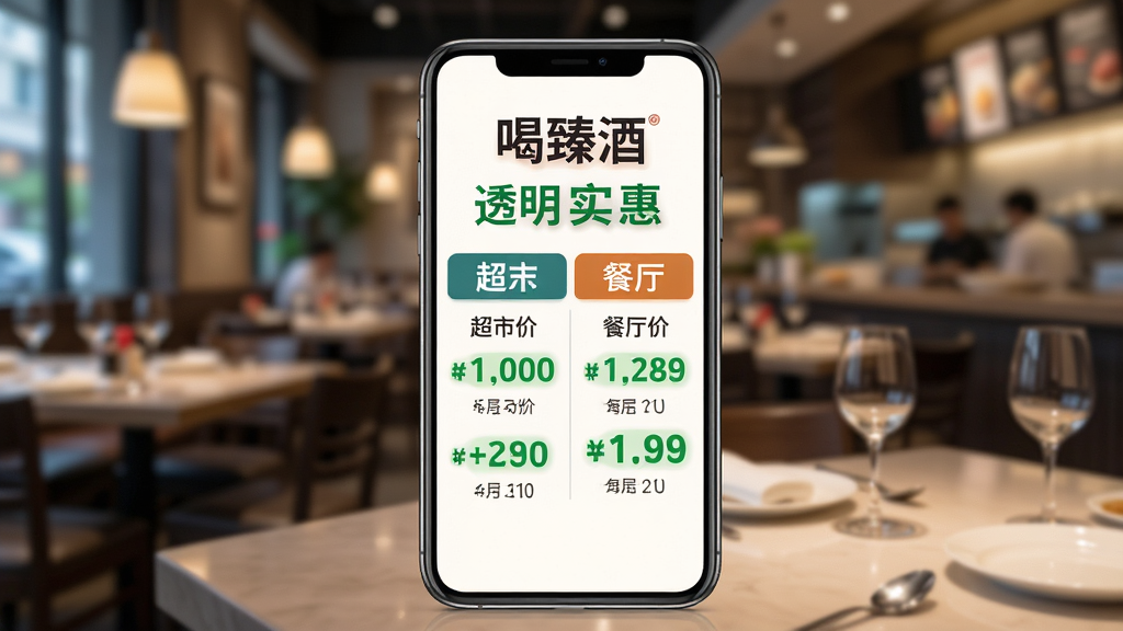 主体:手机屏幕上显示“喝臻酒”价格对比表,左边是超市价,右边是餐厅价,价格明显更低;布局:手机位于画面中央,背景是模糊的餐厅环境;排版:突出价格优势,配以“透明实惠”字样;风格:简洁商业风格,色彩清晰;细节:价格数字用绿色标注,对比明显;画质:高清,干净,无多余元素。