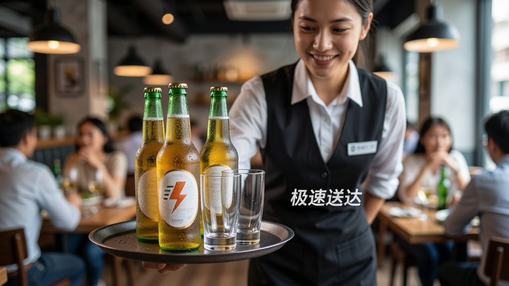主体:餐厅内,一位服务员手持托盘,托盘上放着两瓶冰镇啤酒和两个玻璃杯,正走向餐桌;布局:服务员位于画面中央,背景是模糊的餐厅环境;排版:突出“极速送达”的服务理念;风格:写实摄影,动态感强;细节:啤酒瓶上有水珠,服务员面带微笑,餐桌上客人正在等候;画质:高清,色彩鲜明,无多余元素。
