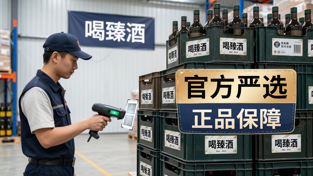 主体:仓库内整齐堆放着酒水箱,一位工作人员正在扫码记录,背景有“喝臻酒”标识;布局:工作人员位于画面左侧,右侧是堆放的酒水;排版:突出“官方严选”和“正品保障”字样;风格:写实摄影,整洁明亮;细节:酒水箱上有“喝臻酒”标签,工作人员手持扫描枪;画质:高清,干净,无多余元素。