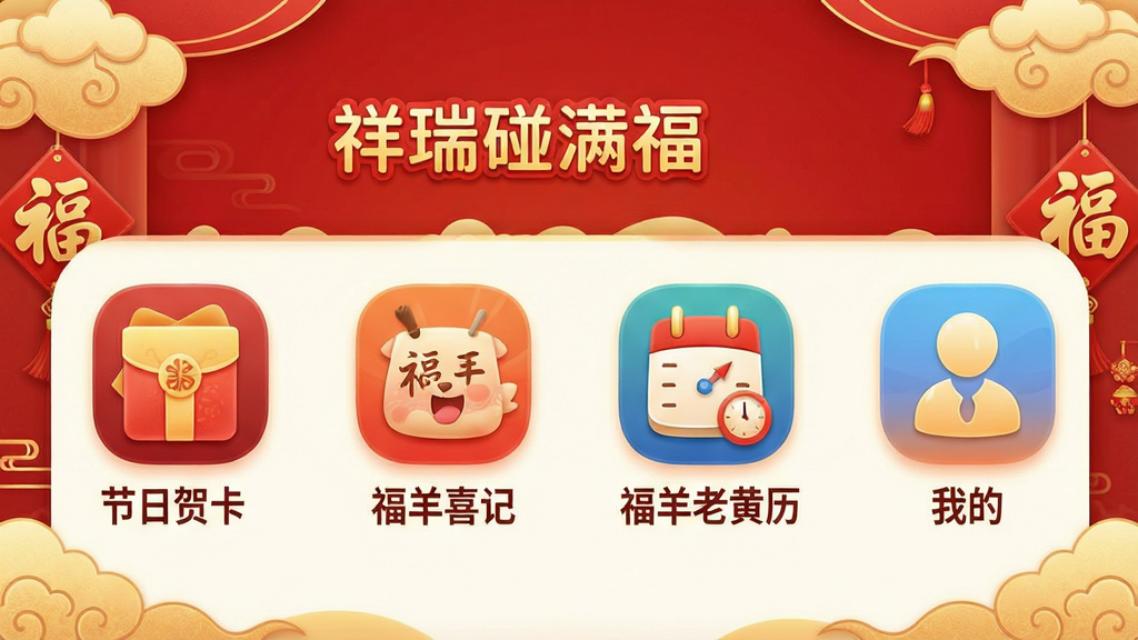 一张喜庆祥和的应用主界面截图,展示“祥瑞碰满福”APP的图标与四个核心功能板块入口,分别是“节日贺卡”、“福羊喜记”、“福羊老黄历”和“我的”,背景以红金色调为主,融入祥云、福字等传统元素,界面布局清晰,图标圆润精致,文字标签醒目,整体画质高清,干净无多余元素。