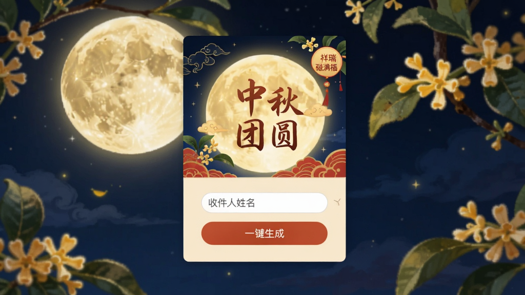 展示“祥瑞碰满福”节日贺卡制作界面的预览图,画面中央是一张中秋主题贺卡,背景为明月与桂花,贺卡上印有“中秋团圆”字样,下方有收件人姓名输入框和“一键生成”按钮,界面色彩温暖,布局简洁,画质清晰,干净无多余元素。