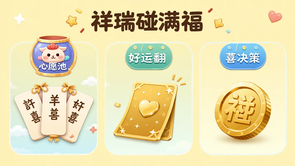 展示“祥瑞碰满福”福羊喜记功能的界面预览图,画面分为三块:心愿池图标下有几张许愿纸条,好运翻卡图标下有一张翻转的金色卡片,决策硬币图标下有一枚立体的硬币,整体风格卡通可爱,背景为淡黄色,布局活泼,画质高清,干净无多余元素。
