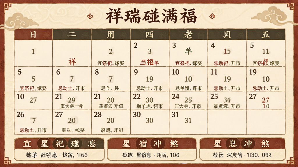 展示“祥瑞碰满福”福羊老黄历功能的界面预览图,画面以日历表格为主,日期下方标注“宜祭祀、嫁娶”、“忌动土、开市”等文字,底部有五行、星宿、冲煞信息栏,整体风格古风典雅,背景为米黄色,排版整齐,画质清晰,干净无多余元素。