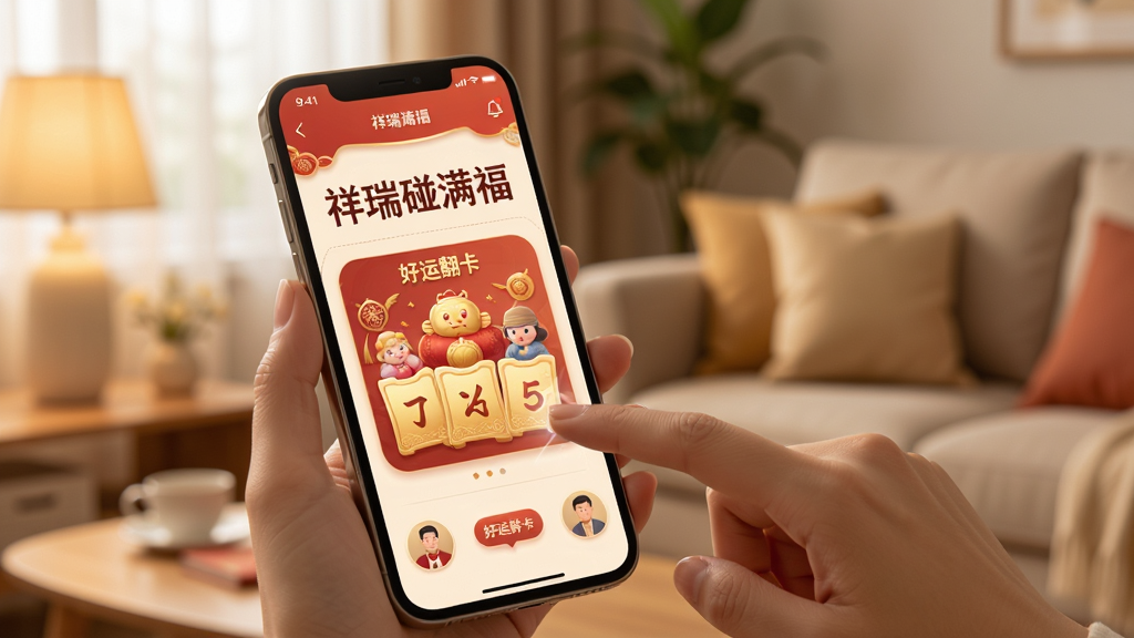展示“祥瑞碰满福”在手机上的实际使用场景,用户手指正在点击“好运翻卡”界面,画面中手机屏幕清晰显示应用内容,背景为温馨的客厅环境,光线柔和,画质高清,干净无多余元素。