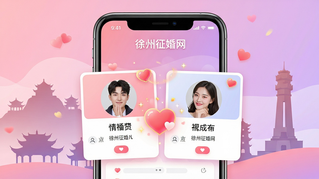 画面主体为“徐州征婚网”的APP界面概念图,一部智能手机屏幕占据视觉中心,屏幕内展示着两情相悦的男女用户资料卡片,带有爱心和配对成功特效。背景采用柔和的粉紫色渐变,点缀着徐州地标建筑如云龙山、淮海战役纪念塔的剪影。整体布局清晰,排版现代简洁,风格温馨浪漫,细节处理精致,画质高清干净,无多余杂乱元素。