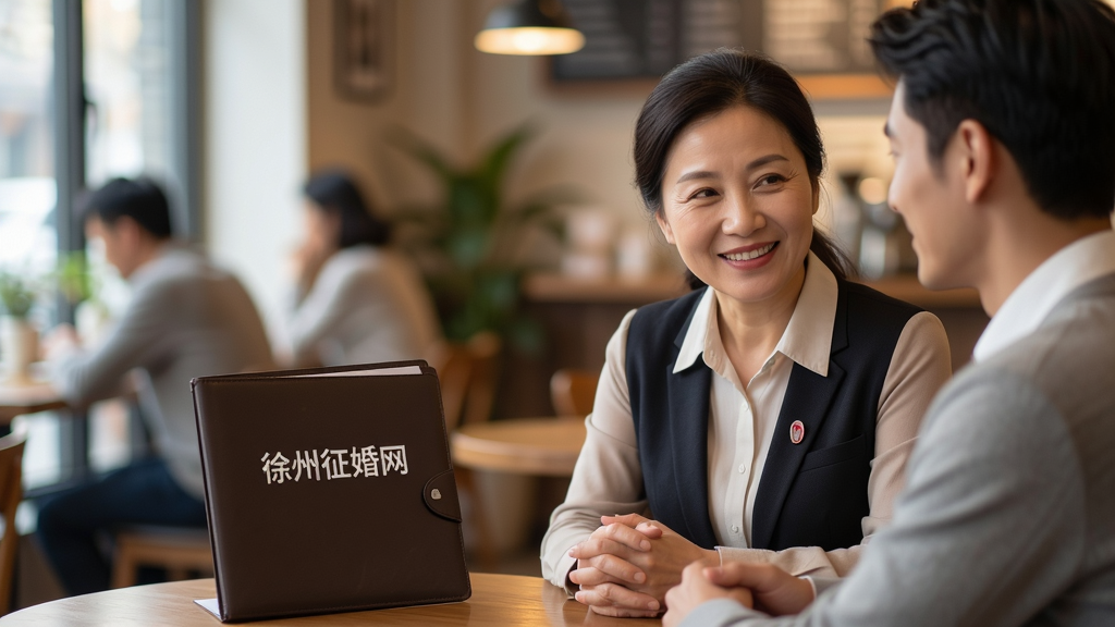 画面主体为一位亲切和蔼的职业红娘女士,正微笑着与一对单身男女在温馨的咖啡馆里沟通交流,桌上摆放着“徐州征婚网”的资料夹。构图采用近景拍摄,人物表情自然生动,背景虚化。风格写实温暖,细节丰富,画质清晰,画面干净,无多余元素。