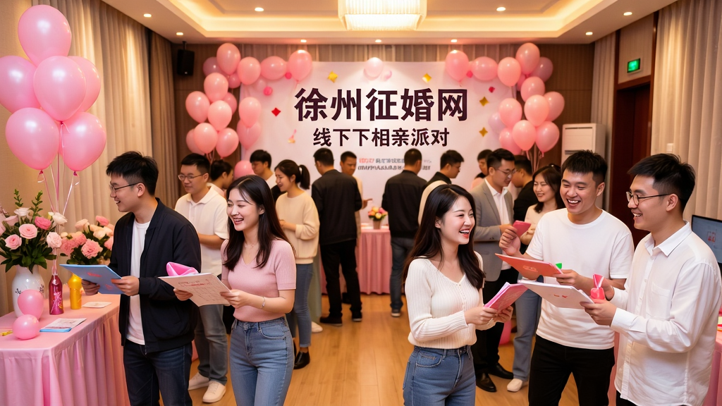 画面主体为一场热闹非凡的“徐州征婚网”线下相亲派对现场,场地布置着粉色气球和鲜花,众多单身男女正愉快地参与互动游戏。采用全景构图,现场灯光温暖明亮,人物笑容灿烂,风格活泼喜庆,细节丰富,画质清晰,画面干净,无多余元素。