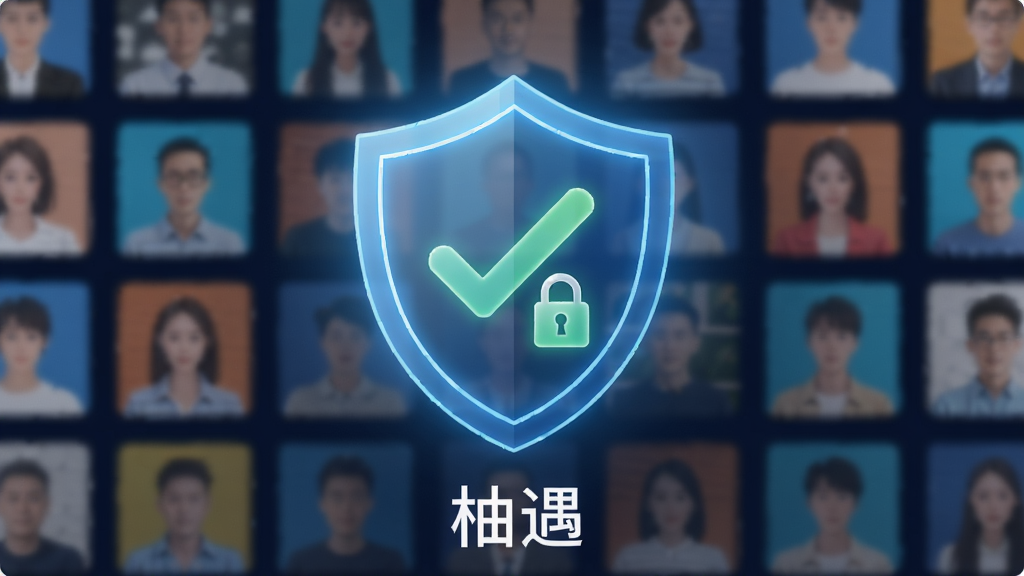 一张象征网络安全的插画,主体是一个发光的盾牌图标,盾牌内包含对勾和锁的图案,背景是模糊的社交头像网格,布局居中,排版简洁,风格科技感且严谨,细节上突出“多重审核”与“隐私保护”的核心理念,画质清晰干净无多余元素,底部有“柚遇”字样