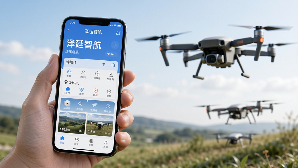 泽廷智航手机使用场景图,主体为一部手机握在手中,屏幕显示泽廷智航APP主页面,背景为无人机飞行场景,布局自然,排版舒适,风格写实,细节丰富,画质高清,干净,无多余元素。
