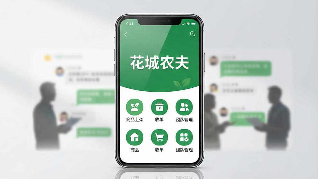 ���壺�����ֻ���Ļչʾ����ũ��APP���棬���������ִ�����ɫ��Ϊ��ɫ�Ͱ�ɫ����Ļ������ʾ������ũ���ĸ����֣��·�����Ʒ�ϼܡ��յ����Ŷӹ����ȹ���ͼ�ꡣ���֣��ֻ�λ�ӻ������룬����Ϊ���ŵ�ǳ��ɫ����������͵Ĺ�ӰЧ�����Ű棺�ֻ���Ļ�ڹ���ͼ���������룬���������ɶ������дʵ��Ƽ��н�ϣ�����ͨ͸��ϸ�ڣ���Ļ�����ϸ΢���󣬱�����Լ�ɼ���Ⱥ������ģ����Ӱ�����ʣ�8K���壬�ɾ����޶���Ԫ�ء�