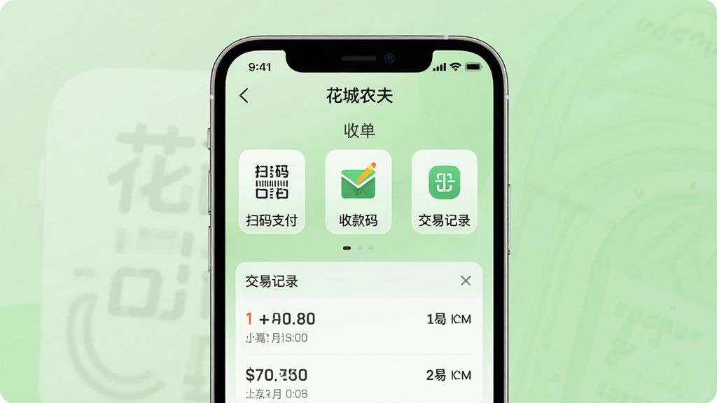 ���壺����ũ��APP���յ����棬��ʾ���յ���ҳ�棬��ɨ��֧�����տ��롢���׼�¼����ͼ�ꡣ���֣�����ͼ��������У��·���ʾ��������б�������Ϊǳ��ɫ���䡣�Ű棺ͼ���࣬�б�������������������Լ��ϸ�ڣ��ֻ������С�����ũ�����������׼�¼�н���ʱ�䡣���ʣ����壬�ɾ����޶���Ԫ�ء�