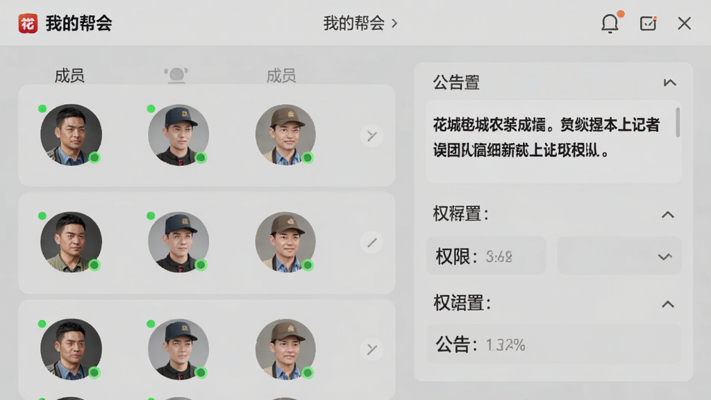 ���壺����ũ��APP���Ŷӹ������棬��ʾ���ҵİ�ᡱҳ�棬�г�Ա�б���Ȩ�����á������������֣����Ϊ��Աͷ���б����Ҳ�Ϊ������壬����Ϊ��͵Ļ�ɫ���Ű棺��Աͷ��ΪԲ�Σ�������������Ŀ������ִ���ࡣϸ�ڣ���Աͷ����������״̬С�̵㣬Ȩ������ѡ�����������ʣ����壬�ɾ����޶���Ԫ�ء�