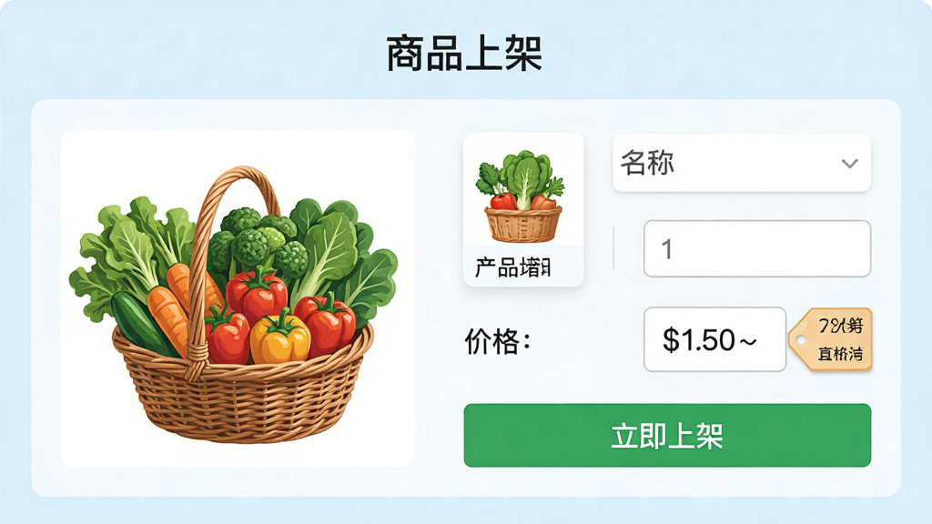 ���壺����ũ��APP����Ʒ�ϼܲ������棬��ʾ����Ʒ�ϼܡ����⣬�·��в�ƷͼƬ�����ơ��۸�����򡣲��֣�������У����Ϊ��Ʒͼʾ�����Ҳ�Ϊ��д���򣬱���Ϊ�ɾ���ǳ��ɫ���Ű棺����Ԫ���������У���ťΪ��ɫ�������ϼܡ�����񣺱�ƽ����ƣ�ɫ�����¡�ϸ�ڣ���ƷͼƬ��һ�������߲ˣ��۸��ǩ�����ɼ������ʣ����壬�ɾ����޶���Ԫ�ء�