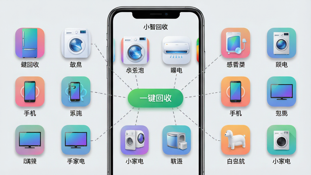 主体:“小智回收”APP界面截图风格,展示分类图标矩阵,包括冰箱、洗衣机、空调、手机、电脑、电视、小家电等。布局:手机居中,屏幕内图标按网格排列,周围有虚线连接至中央“一键回收”按钮。排版:左右对称,分类图标下方标注名称。风格:科技感UI设计,背景浅灰色,图标彩色渐变。细节:每个图标有微小阴影,中央按钮为绿色,写有“立即回收”。画质:高清,干净,无多余元素。