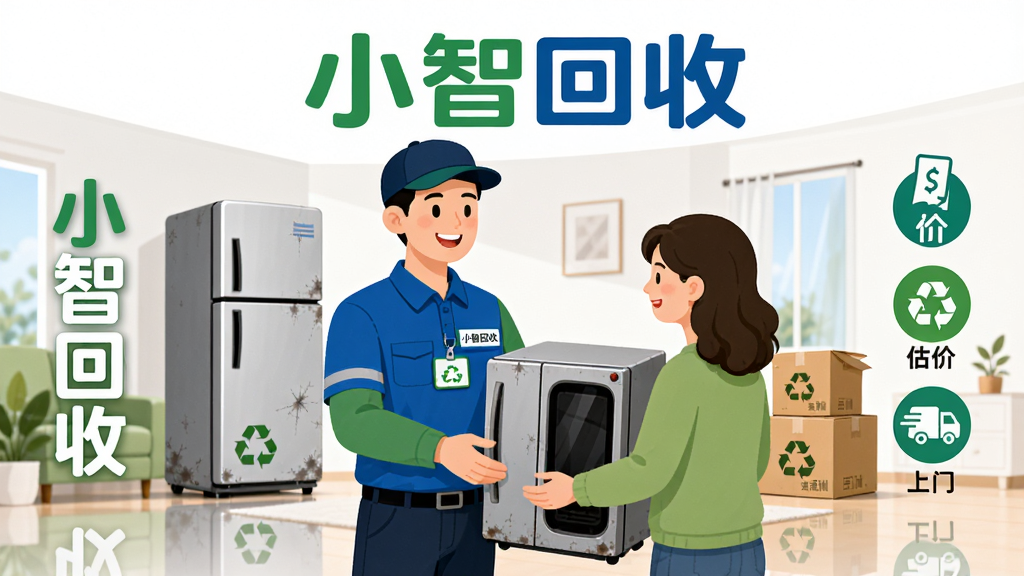 主体:“小智回收”品牌logo与回收场景融合,画面中央一位身着统一制服的回收工程师正微笑接过用户手中的旧家电,背景是整洁明亮的现代家居客厅,墙角摆放着待回收的旧冰箱和纸箱。布局:主体人物居中,左侧为品牌名称“小智回收”竖排文字,右侧为回收流程图标(估价、下单、上门)依次排列。排版:上下结构,上方留白突出品牌,下方地面有轻微倒影。风格:扁平化插画风格,色彩明快,以绿色和蓝色为主色调,体现环保与科技感。细节:工程师胸牌上有“小智回收”字样,家电表面有轻微磨损做旧效果,纸箱上印有可回收标志。画质:4K超清,干净,无多余元素。