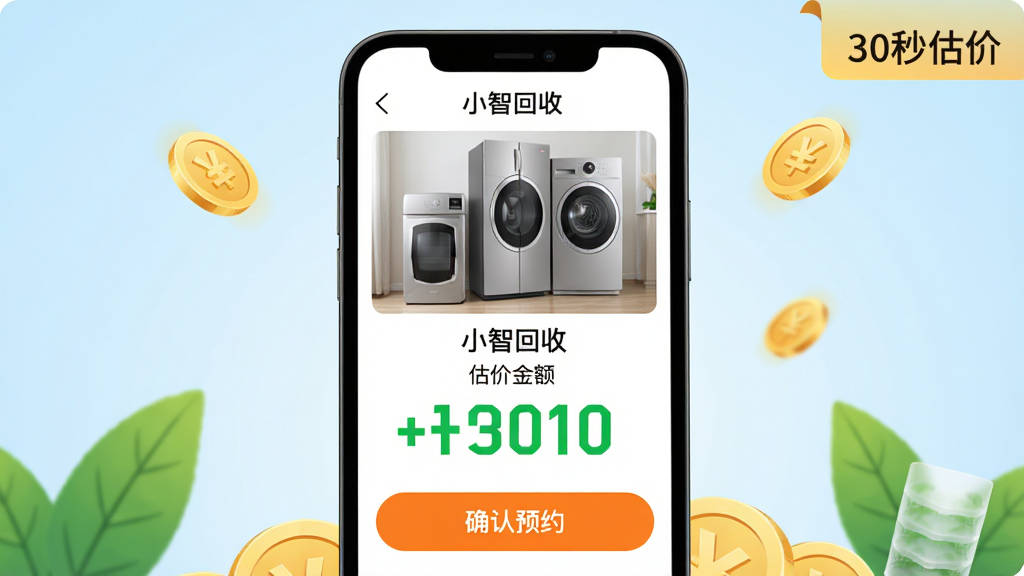 主体:手机屏幕显示“小智回收”估价结果页面,上方为家电照片,下方显示估价金额与“确认预约”按钮。布局:手机居中,背景为浅蓝色渐变,四周有金币和绿叶装饰。排版:上图为家电,下图为价格数字,突出显示。风格:清新简约,突出数字。细节:价格数字用绿色大字,按钮为橙色,右上角有“30秒估价”标签。画质:高清,干净,无多余元素。