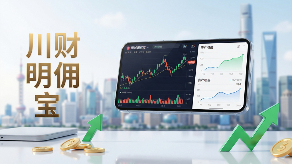 主体:一款名为“川财明佣宝”的金融理财APP的3D模型展示图,悬浮于现代简约风格的办公桌上方,屏幕显示着实时股票K线图与资产收益曲线。布局:产品居中,背景为虚化的金融城市天际线,前景有散落的金色硬币与绿色上升箭头元素。排版:画面左侧留白处有竖排艺术字“川财明佣宝”,字体为现代感十足的无衬线体,颜色为金色渐变。风格:科技感与商务感融合,光影通透,渲染精致。细节:APP界面上的数字清晰可见,桌面倒影柔和,整体氛围积极向上。画质:8K超高清,细节丰富,干净无多余元素。