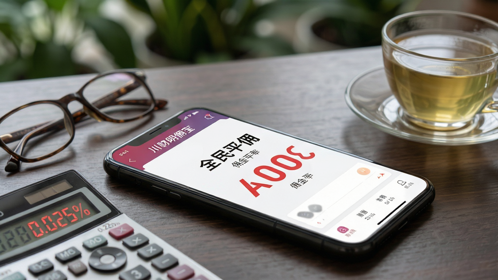 主体:智能手机屏幕特写,显示“川财明佣宝”APP的佣金费率展示页面,页面中央有显眼的“全民平佣”字样与具体的佣金费率数字。布局:手机横卧于深色木质桌面,周围摆放着老花镜、计算器和一杯清茶,背景为模糊的绿植。排版:屏幕内容清晰可读,佣金数字用红色放大突出,界面简洁干净。风格:写实摄影风格,光线柔和,景深浅。细节:桌面的计算器屏幕反射出“0.025%”的字样,与手机屏幕内容呼应。画质:高清细腻,干净无多余元素。