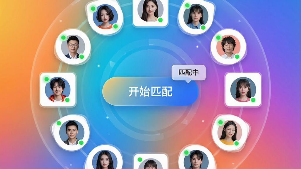 主体:晨光星河App的匹配界面,中央有一个醒目的“开始匹配”按钮,周围环绕着头像卡片。布局:按钮居中,头像卡片呈环形排列,背景为渐变色。排版:简洁明了,突出操作按钮。风格:现代科技感。细节:头像卡片有在线绿点,悬浮窗显示“匹配中”字样。画质:高清,干净,无多余元素。