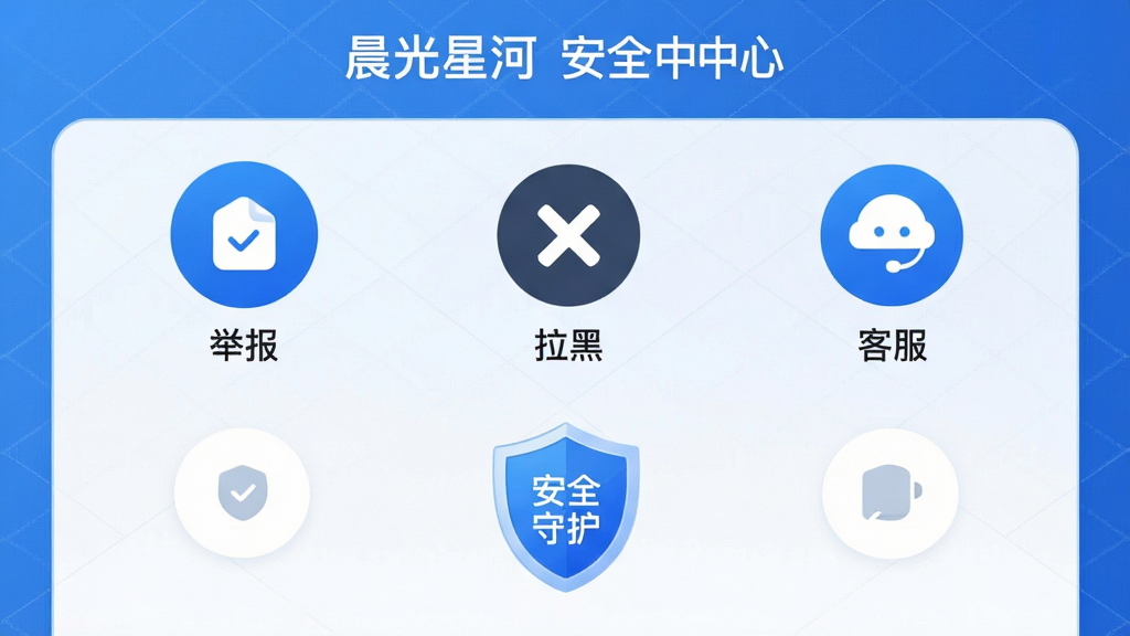 主体:晨光星河App的安全中心界面,展示“举报”“拉黑”“客服”等图标。布局:图标横向排列,下方有盾牌形状的“安全守护”标识。排版:信息层级分明,简洁直观。风格:安全可靠,蓝色调。细节:每个图标下方有文字标签,背景有细微的网格纹理。画质:高清,干净,无多余元素。