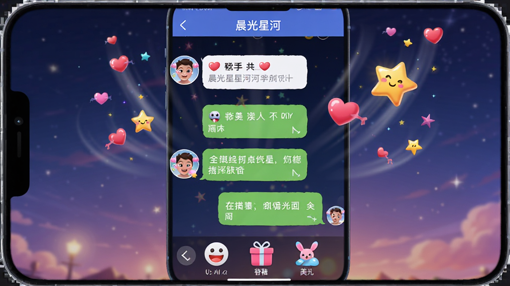 主体:晨光星河App的聊天界面,屏幕上展示动态表情和礼物特效。布局:聊天窗口居中,底部有表情、礼物、美颜图标。排版:动态效果生动,色彩鲜艳。风格:活泼有趣。细节:屏幕上出现爱心和星星特效,人物头像有美颜效果。画质:高清,干净,无多余元素。