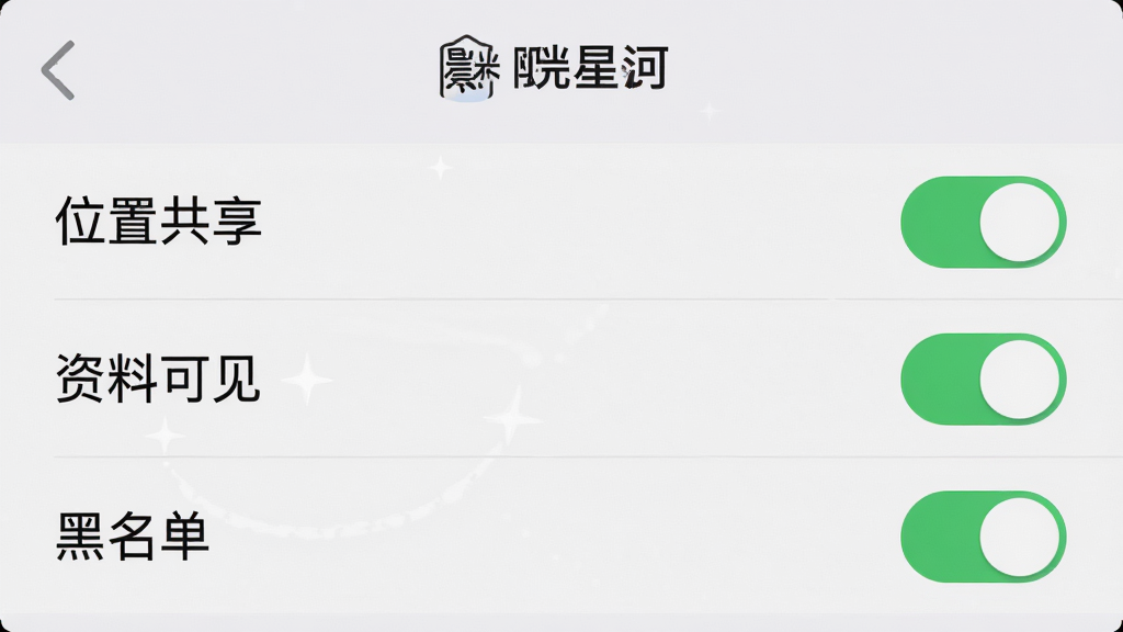 主体:晨光星河App的隐私设置界面,展示“位置共享”“资料可见”“黑名单”等选项开关。布局:列表式排列,每个选项后有开关按钮。排版:清晰整齐。风格:简约专业。细节:开关按钮为绿色开启状态,背景为淡灰色。画质:高清,干净,无多余元素。