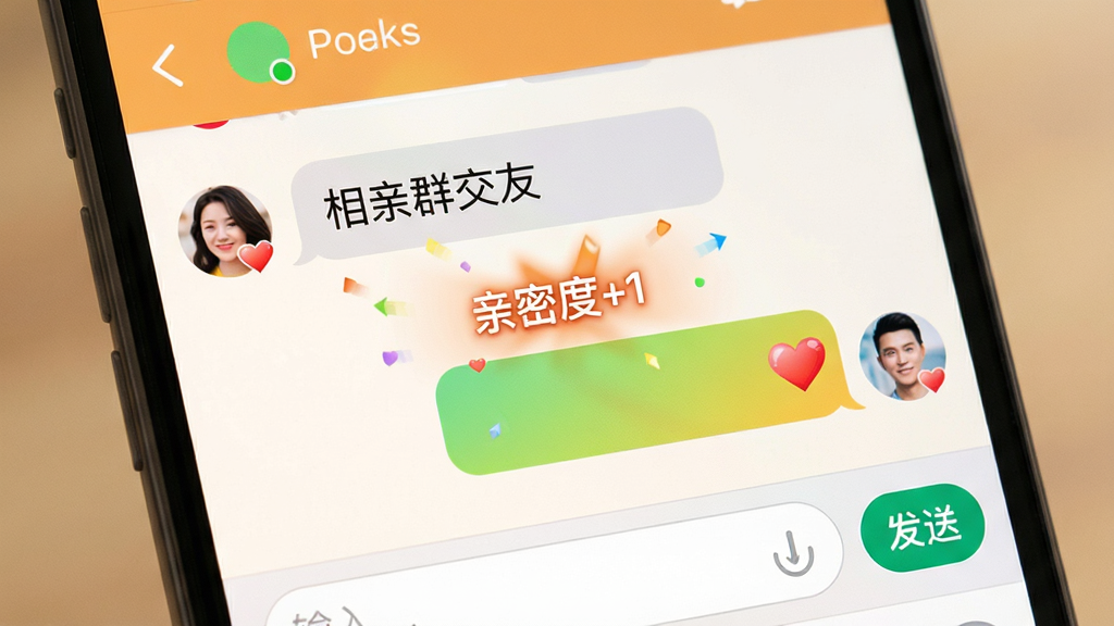 主体:手机聊天界面特写,屏幕上有“相亲群交友”的文字对话框,双方头像旁有小心心图标显示亲密度增加。布局:画面以聊天背景为主,下方有输入框和发送按钮。排版:对话框一左一右排列,左边为对方灰色气泡,右边为自己的彩色气泡。风格:清新自然风格,暖色调。细节:屏幕上方显示对方在线状态,中间有“亲密度+1”的动画效果。画质:高清,干净,无多余元素。