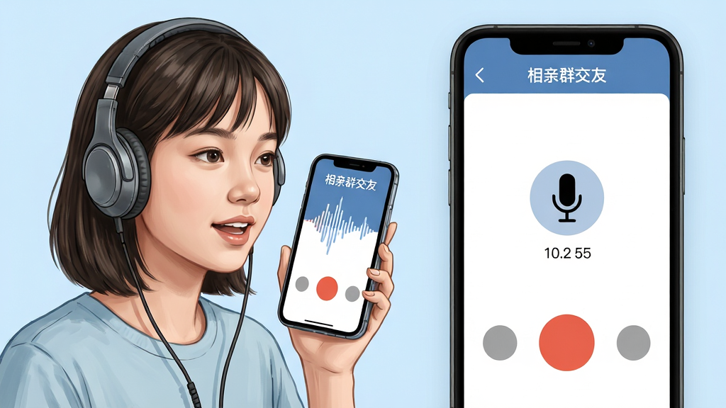 主体:一个女孩戴着耳机对着手机说话,手机屏幕显示“相亲群交友”语音通话界面,带有波形动画。布局:人物位于左侧,手机屏幕放大展示于右侧。排版:画面左侧为人物半身像,右侧为通话界面截图。风格:写实与插画结合,背景为淡蓝色。细节:耳机线自然垂落,通话界面有麦克风图标和通话时长。画质:高清,干净,无多余元素。