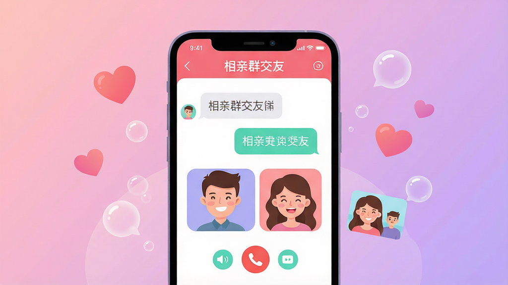 主体:一部亮着屏幕的智能手机,屏幕中展示“相亲群交友”APP的聊天界面,界面有文字气泡、语音通话图标和视频窗口。布局:手机位于画面中央,背景为柔和的粉紫色渐变,周围漂浮着爱心和气泡装饰。排版:手机屏幕内容清晰可辨,突出“相亲群交友”字样和功能图标。风格:现代扁平插画风格,色彩明快温馨。细节:屏幕中有一对卡通男女头像,正在视频通话,脸上带笑。画质:高清,干净,无多余元素。