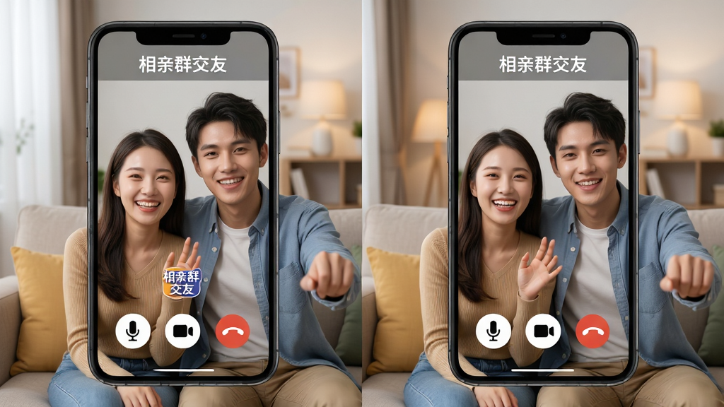 主体:两个年轻男女通过手机视频通话,屏幕中显示“相亲群交友”视频界面,两人笑容满面。布局:画面分成两个视频窗口,左右排列。排版:每个窗口中有对方实时影像,下方有麦克风、摄像头、挂断按钮。风格:现代简洁风格,背景为温馨的客厅。细节:两人各自坐在沙发上,画面中可见“相亲群交友”LOGO。画质:高清,干净,无多余元素。