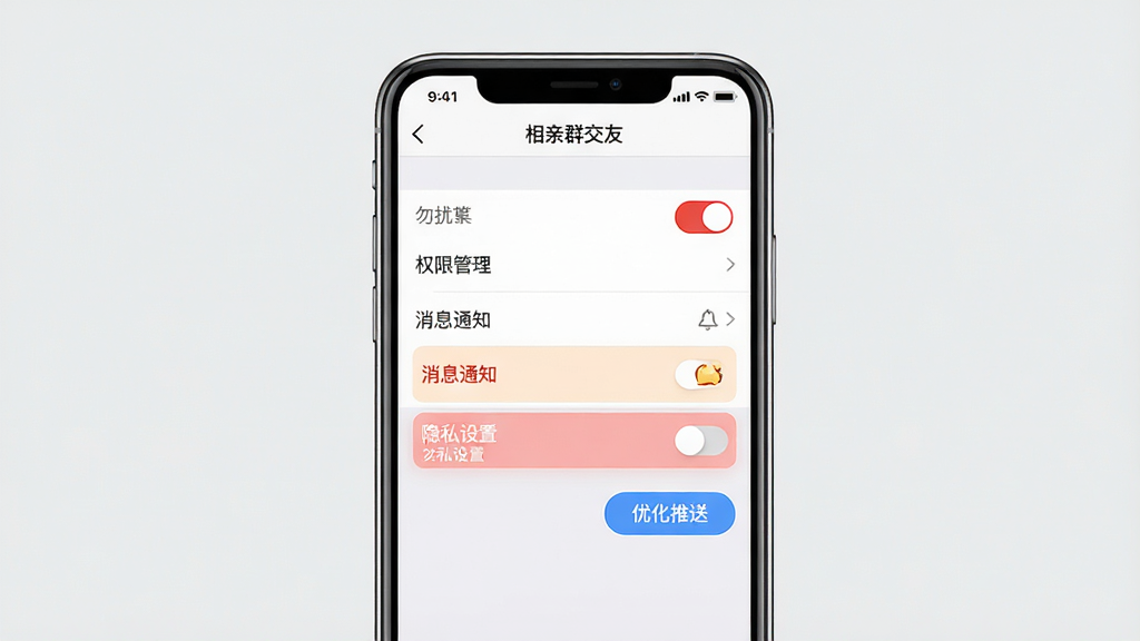 主体:手机屏幕显示“相亲群交友”设置页面,有“权限管理”、“消息通知”、“隐私设置”等选项。布局:手机居中,背景为浅灰色。排版:设置列表清晰可见,其中“消息通知”和“隐私设置”高亮显示。风格:极简风格。细节:屏幕中有红色“勿扰模式”开关,蓝色“优化推送”按钮。画质:高清,干净,无多余元素。