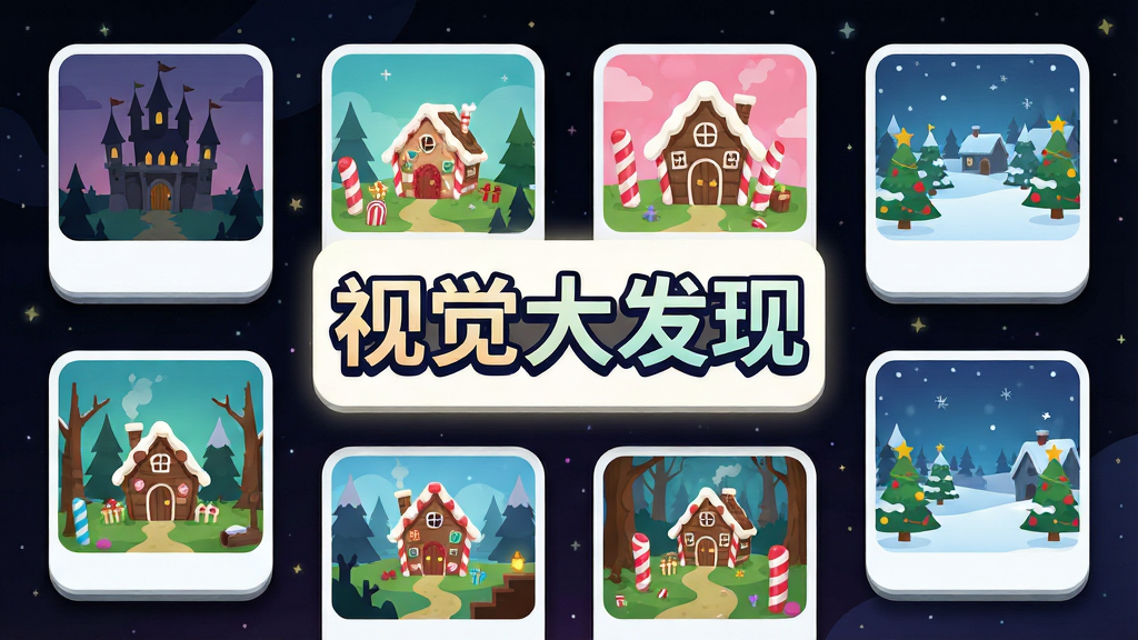 主体:一张展示游戏关卡选择的界面截图,背景是暗色星空,前景悬浮着多个不同主题的缩略图卡片(如古堡、糖果屋、圣诞雪景)。布局:卡片以网格状排列,中间高亮显示“视觉大发现”五个艺术字。排版:界面简洁,卡片圆角,投影清晰。风格:扁平化UI设计,色彩鲜艳。细节:卡片上各有微缩场景插画,细节丰富。画质:高清渲染,干净无多余元素。