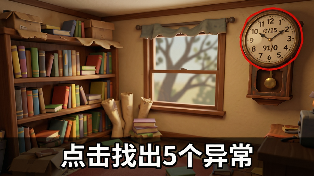 主体:游戏内倒计时挑战画面,画面中是一个堆满杂物的书房,角落有一个老式挂钟,表盘显示剩余时间。布局:挂钟位于画面右上角,主体场景占满全屏,下方有“点击找出5个异常”的提示。排版:提示文字醒目,挂钟带红色描边。风格:写实卡通,暖色调。细节:书架上的书脊颜色各异,地毯边缘翘起,窗外有模糊的树影。画质:高清晰度,光影真实,干净无多余元素。