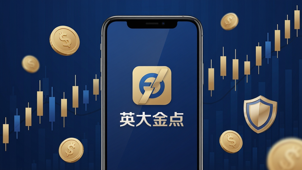 画面主体为一部亮屏的智能手机,屏幕正中央清晰显示“英大金点”APP的logo与名称。手机周围环绕着简洁的K线图、金色钱币、盾牌图标等金融元素。布局采用中心构图,手机置于视觉焦点。整体风格现代、科技感强,以深蓝色和金色为主色调,突出证券金融行业的专业与稳重。画面细节丰富,光线柔和,画质高清干净,无多余元素。