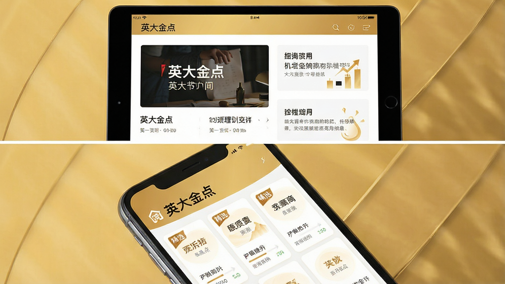画面分为上下两部分。上半部分:一部平板电脑上显示着“英大金点”APP的资讯页面,图文并茂。下半部分:一部手机屏幕上是“英大金点”理财商城的界面,展示着多款标注“精选”字样的理财产品卡片。布局对比鲜明,突出资讯与理财两大功能。风格商务简洁,以金色和白色为主色调,画质通透干净,无多余元素。
