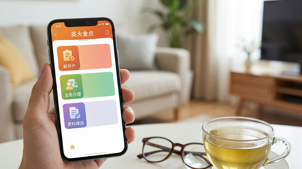 画面展示一部手机屏幕上的“英大金点”APP业务办理界面,屏幕上以列表形式清晰排列着“新开户”、“业务办理”、“资料修改”等彩色图标。手机旁边摆放着一副眼镜和一杯清茶,背景为虚化的居家客厅环境。布局为左侧手机特写,右侧留白。风格写实、明亮,强调便捷与轻松的氛围。画质细腻柔和,干净无多余元素。