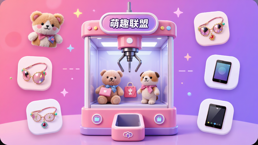 一张展示《萌趣联盟》APP主界面的高清截图,画面中央是一个充满科技感的抓娃娃机虚拟界面,周围环绕着各种可爱的毛绒玩具、时尚饰品和电子产品图标,背景采用渐变的粉色与紫色,整体风格明亮活泼,UI设计现代简洁,突出“时尚购物”与“云端抓物”主题,画质清晰,干净无多余元素。