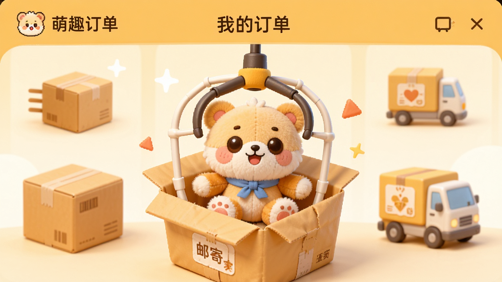 展示《萌趣联盟》APP中“我的订单”页面,画面中央显示一个已抓中的毛绒玩具正在打包邮寄的动画效果,背景有快递箱和物流车图标,整体色调温暖,风格卡通,突出“邮寄到家”的便捷服务,画质干净。