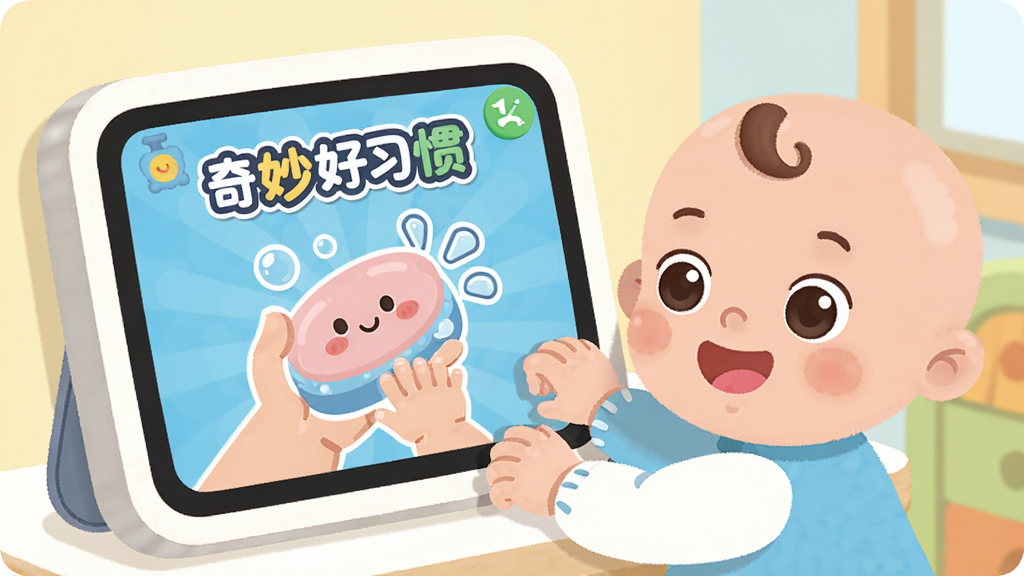 一幅温馨的儿童房场景,一位可爱的卡通宝宝正对着互动屏幕学习洗手步骤,屏幕上显示着“奇妙好习惯”的logo和卡通香皂图标,画面色彩明亮柔和,采用扁平化儿童插画风格,细节丰富,画质干净清晰,无多余元素