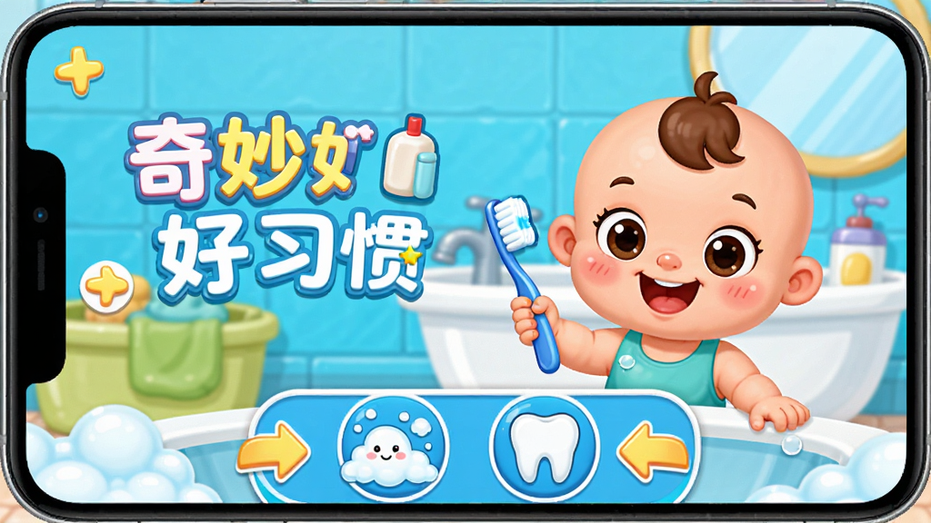 “奇妙好习惯”应用界面,卡通宝宝在浴室场景中拿着牙刷,屏幕下方有泡沫和牙齿图标,界面布局清晰,有引导箭头,采用明亮可爱的儿童插画风格,色彩鲜艳,画质高清,整体干净无杂物
