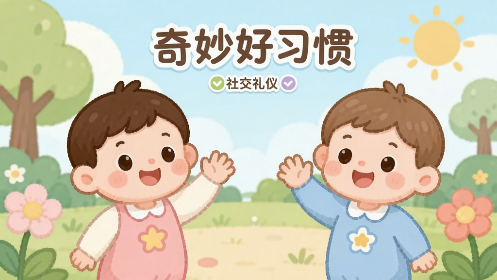 “奇妙好习惯”社交礼仪界面,两个卡通宝宝互相挥手问好,背景是公园场景,有花朵和太阳,画面采用柔和的粉彩配色,线条圆润,画质干净,突出友好氛围,无多余文字