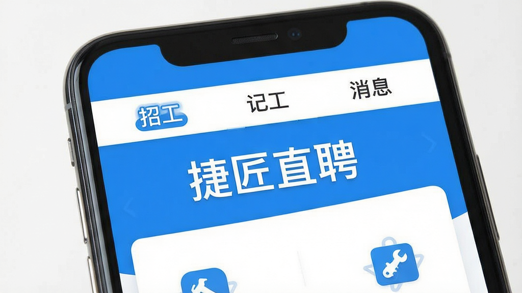 画面主体为一部智能手机屏幕,屏幕中清晰展示“捷匠直聘”APP主界面,界面顶部显示“招工”“记工”“消息”三个功能标签,背景为简洁的蓝白配色,整体布局采用扁平化设计风格,图标线条流畅清晰,画质细腻干净,无多余元素,突出APP名称“捷匠直聘”字样。