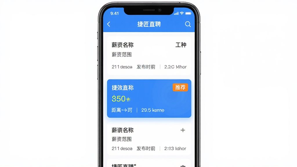 图片以手机APP界面为背景,展示“捷匠直聘”的招工信息流列表,每条信息包含工种名称、薪资范围、距离与发布时间,其中一条信息高亮显示并带有“推荐”标签,整体风格简约现代,色彩明快,突出智能匹配与高效浏览的特点,画质清晰干净。