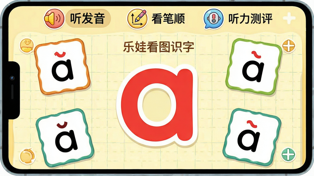 һ�����޿�ͼʶ��ƴ��ѧϰģ���Ԥ��ͼ������������һ����ɫ�ġ�a����ĸ����Χ�����ż���ƴ����Ƭ����Ƭ�Ϸֱ�ӡ�С��� �� �� �����ĸ������������ǵ���ɫ������ֽ�������Ϸ��С�����������������˳������������������Сͼ�꣬������Ƽ�����죬���ͨ������������ǿ�������޿�ͼʶ�֡���ƴ��ѧϰ���ܡ�