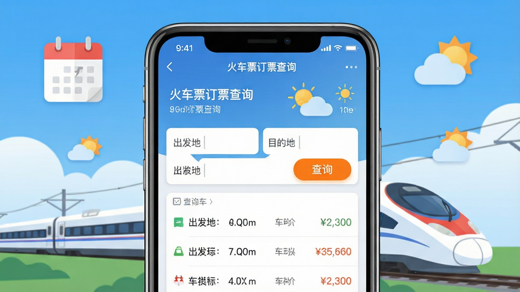 ���壺�ֻ���Ļչʾ����Ʊ��Ʊ��ѯ�����������棬������������ء�Ŀ�ĵ������Ͳ�ѯ��ť������Ϊ�������������г������֣����й�ͼ���ֻ�ģ��ռ�ݻ������壬��Χ��׺����ͼ�������ͼ�ꡣ�Ű棺����������������ť��Ŀ����񣺱�ƽ����ƣ�ɫ�����죬�ִ���ǿ��ϸ�ڣ���Ļ����ʾ�����б���Ʊ����Ϣ������������С���������ʣ�������Ⱦ���ɾ��޶���Ԫ�ء�