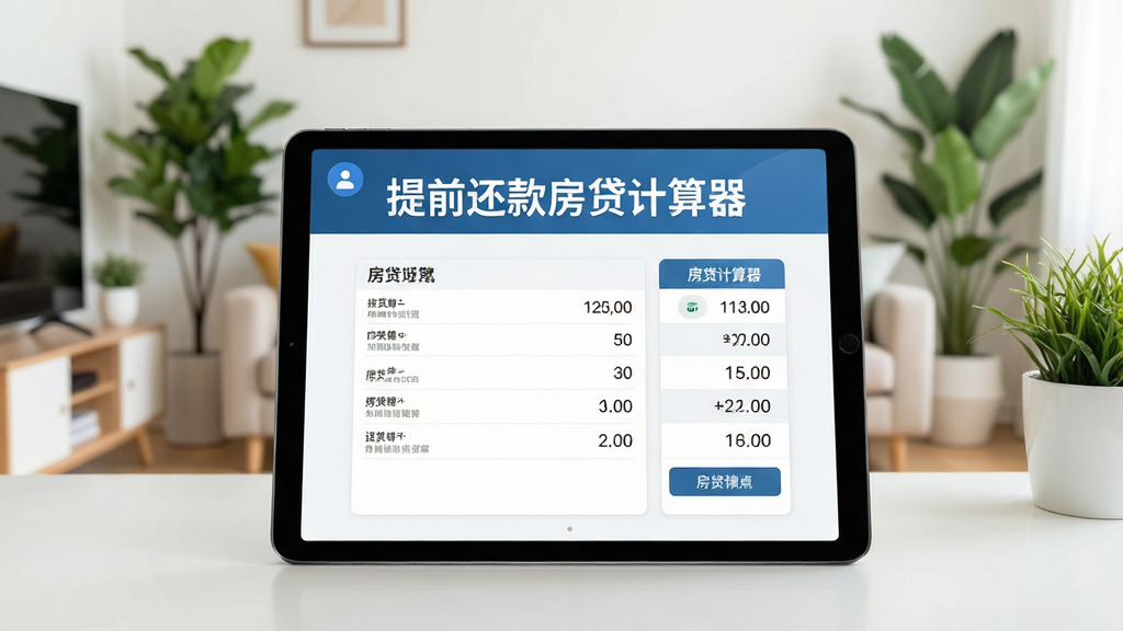 高清数字平板电脑上显示房贷计算界面,屏幕上有“提前还款房贷计算器”字样,背景是温馨的客厅和绿色植物,整体风格简洁明亮,现代感强,画质干净,无多余元素