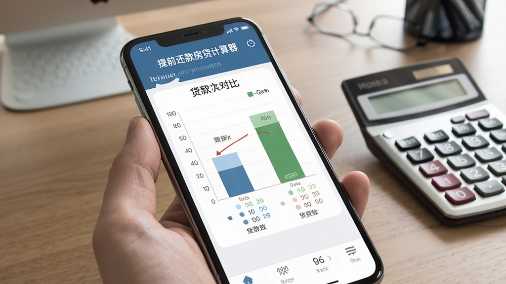 智能手机展示提前还款房贷计算器应用界面,屏幕上显示贷款对比图表,背景为办公桌和计算器,风格专业商务,画质清晰,无多余元素